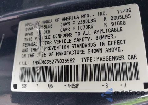 2007 Honda Accord Ex из США, поврежденный, VIN 1HGCM66527A035992